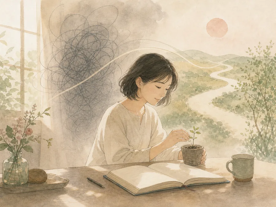 毒親育ちの人が自分のメンタルを整え、小さな芽を育てるイラスト