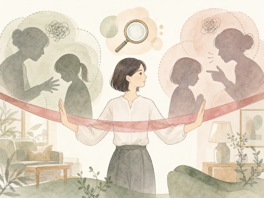親子の境界線を引き、繰り返される毒親の特徴を見つめる人のイラスト
