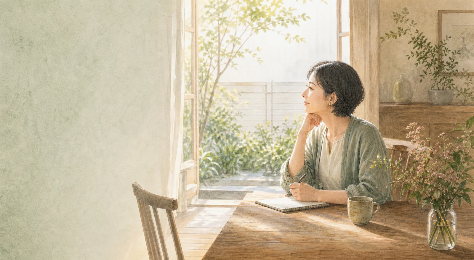ノートを前に、親子関係と自分の気持ちを静かに整理する大人のイラスト